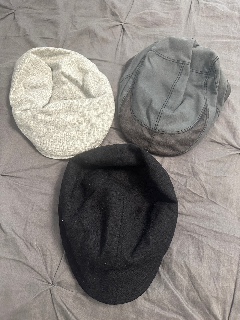 Men's Flat Cap Hat Trio - Black, Gray, Light Gray-worn twice